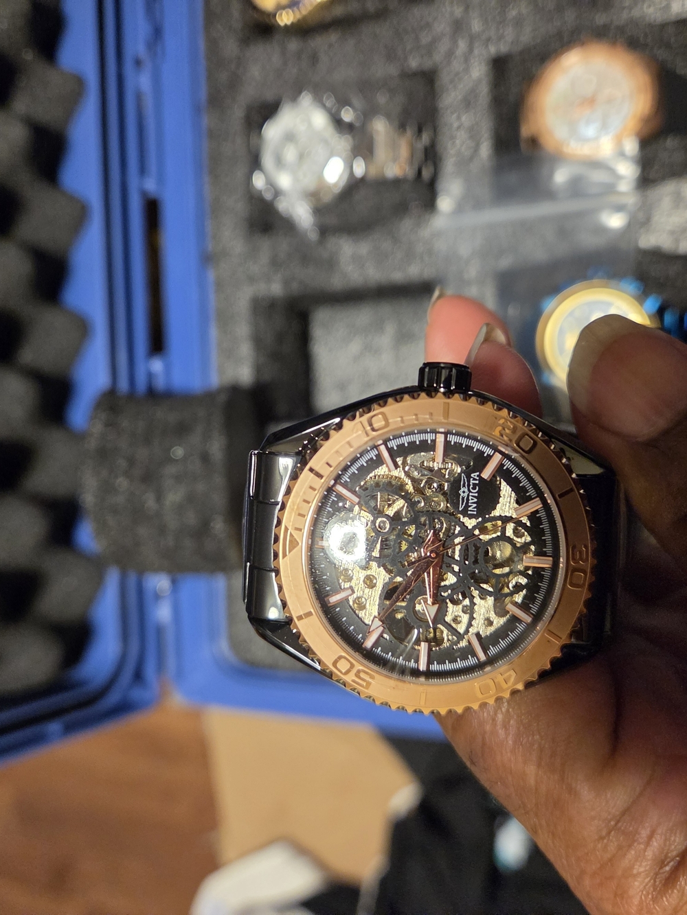 Invicta Men’s Black and Rose Gold Automatic Skeleton Dial Watch Bag